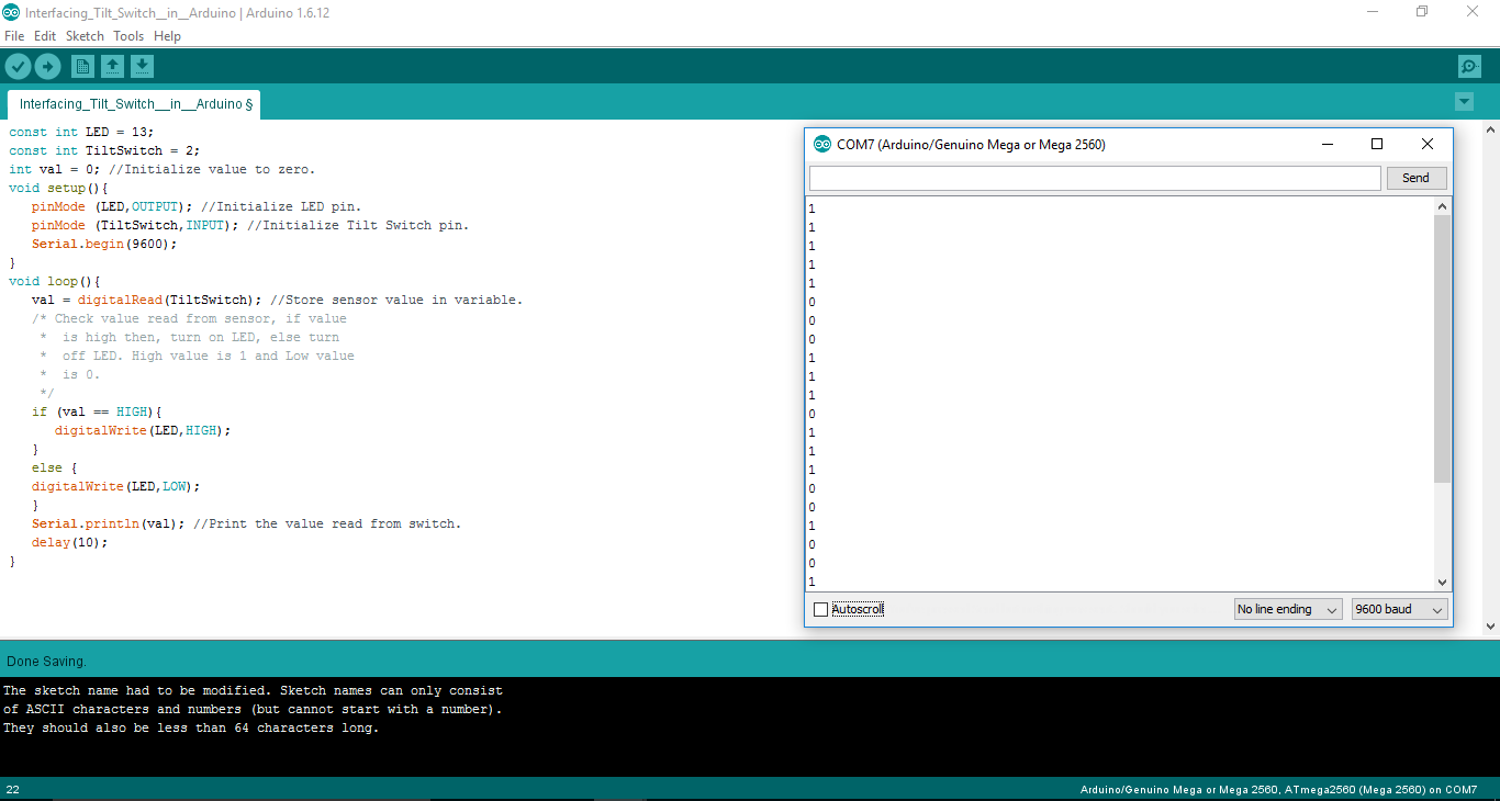 Serial Monitor of interfacing Tilt Switch Module in Arduino